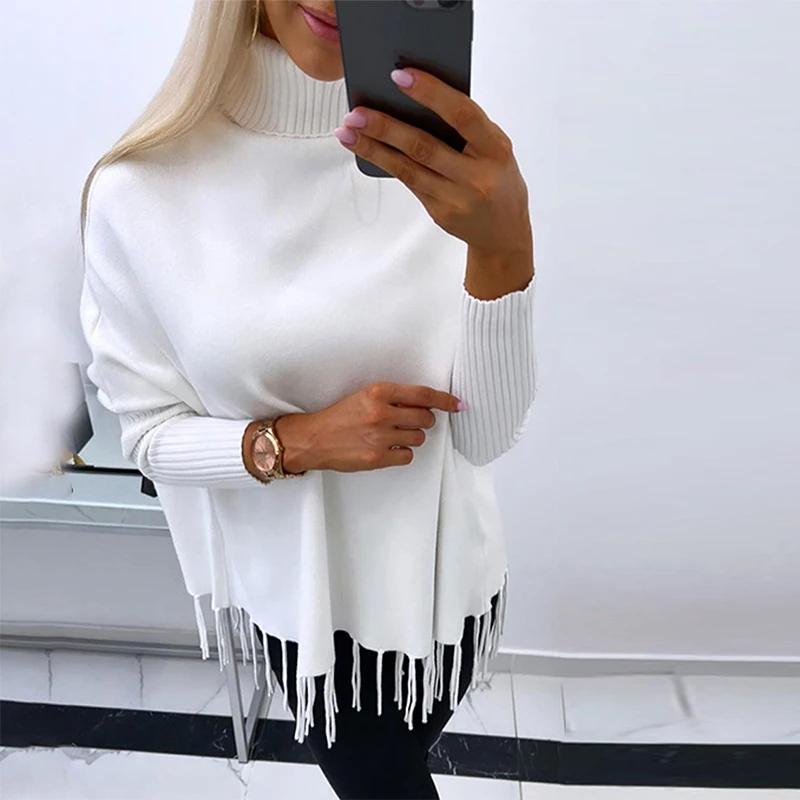 Fall Winter Rib Turtlneck Women Sweater Fashion Solid Spliced Tassels Top Pullover Casual Long Sleeve Office Lady Knitted Jumper