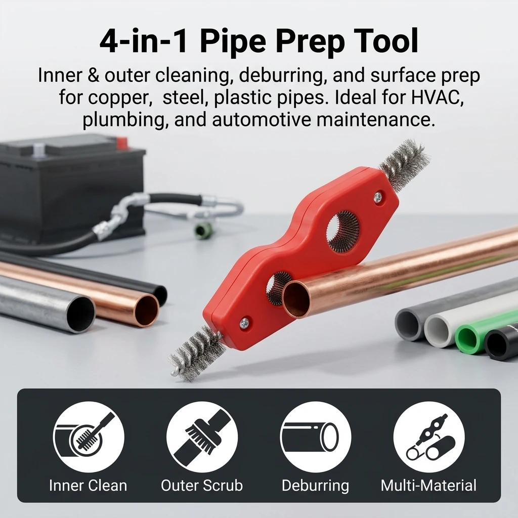4 in 1 Pipes Cleaning Tool with Double Head Copper Tube Brush, Alloy Steel Deburring Reamer, Inner and Outer Pipes Cleaner for