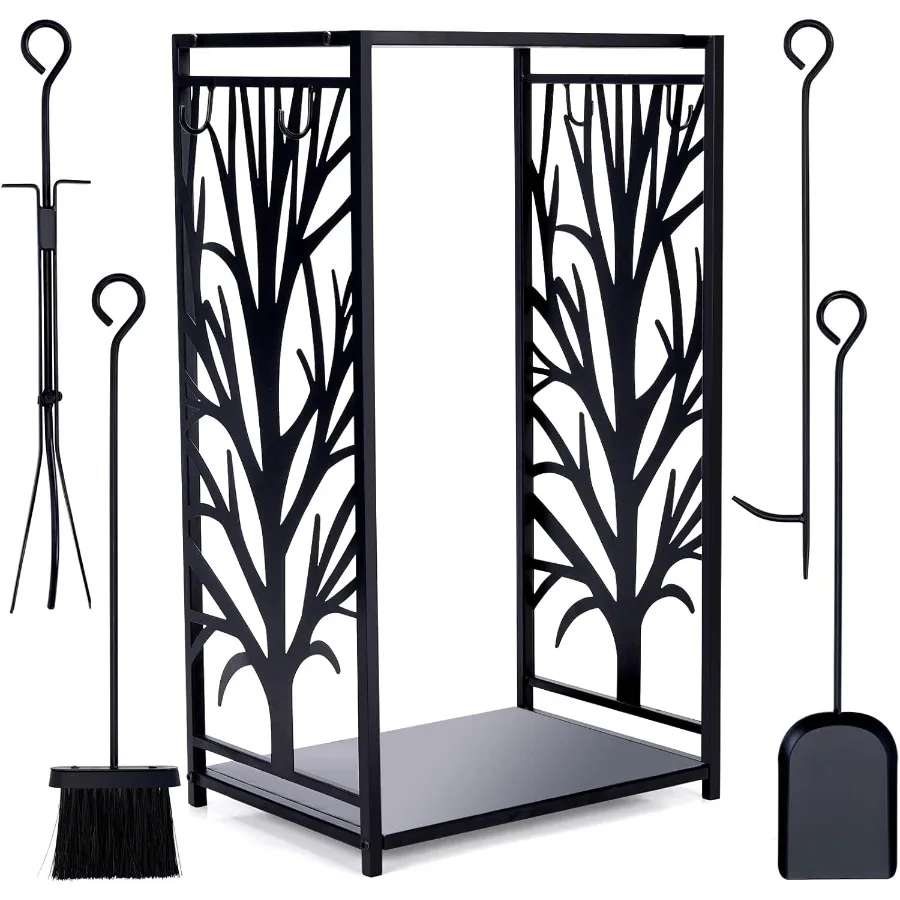 

Стойка для дров, держатель для дров, набор для хранения с 4 инструментами, кистью, лопатой для покера и щипцами, простой в использовании и чистым декоративным камином