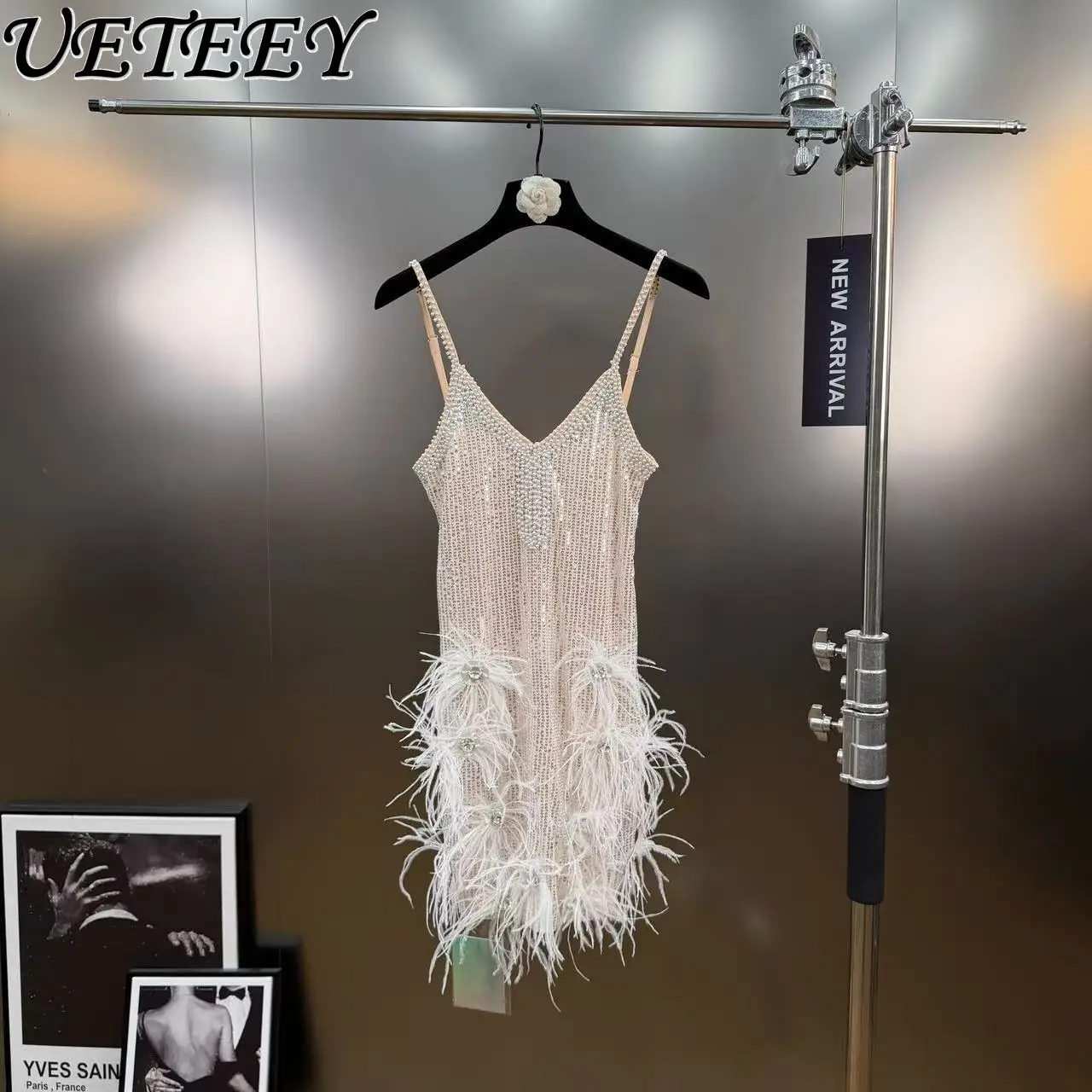 2026年春 セクシーな羽根飾りストラップドレス レディース ナイトクラブ ディスコ スパンコール ボディコンドレス エレガントな社交界 イブニングパーティードレス