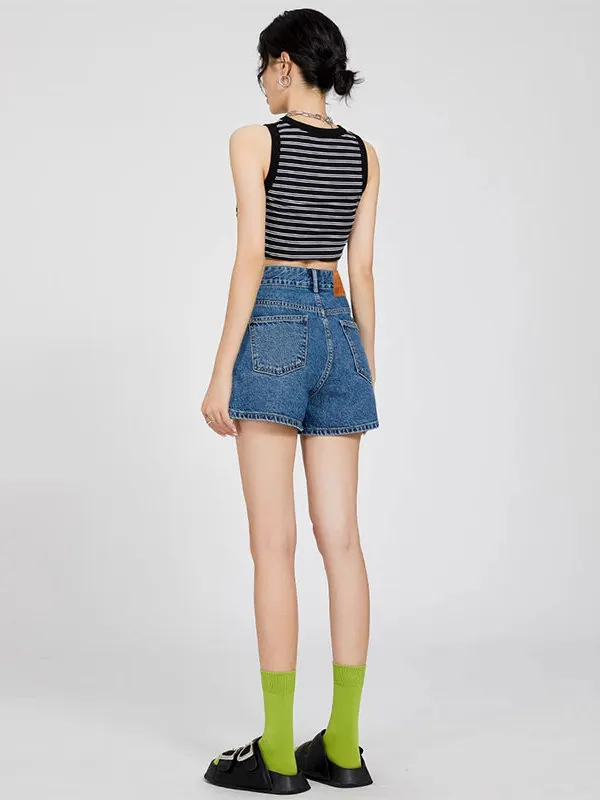 Pantaloni caldi a vita alta a gamba larga in denim a vita alta blu intenso da donna sottili estivi nuovi pantaloni caldi a trapezio a vita alta versatili dimagranti larghi