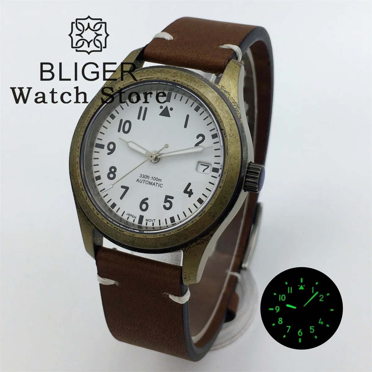 BLIGER 36mm 39mm Bronze Dome Sapphire Glass Diver Brushed Pilot Watch For Men Ladies NH35A PT5000 Sapphire Glass Leather Luminou