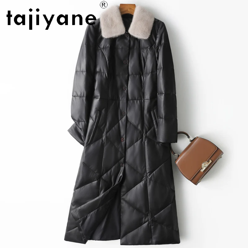 TAJIYANE 100% الطبقة الأولى من جلد الغنم أسفل معطف امرأة جلد طبيعي أسود طويل سترة منفوخة فرو المنك طوق 2025 ملابس الشتاء #5