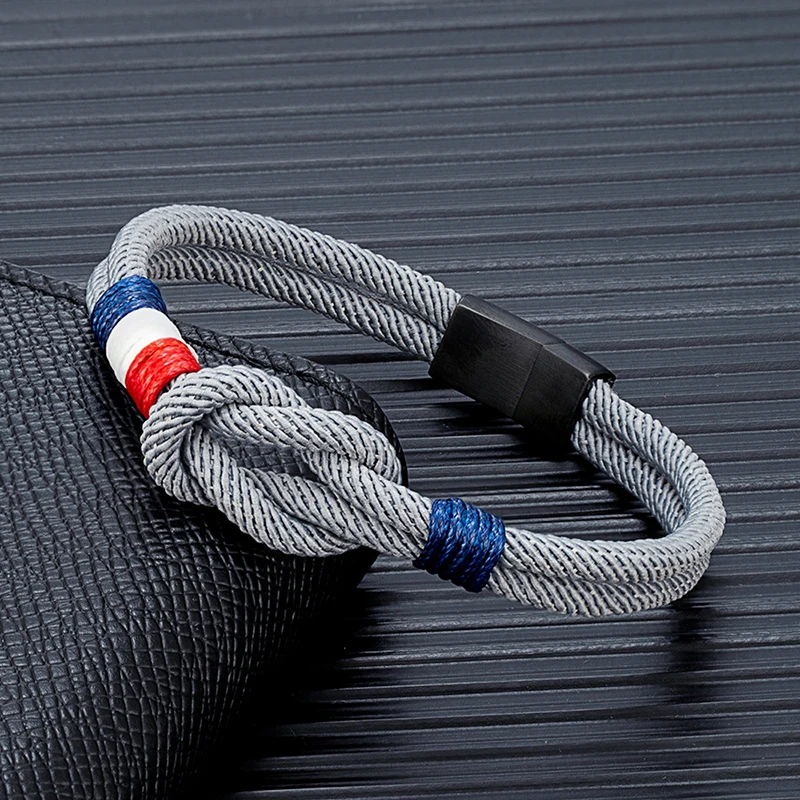 Men Women France Flag Bracelet Handmade Braided Nautical Rope Knotted Bracelet Stainless Steel Magnet Buckle Jewelry Accessories