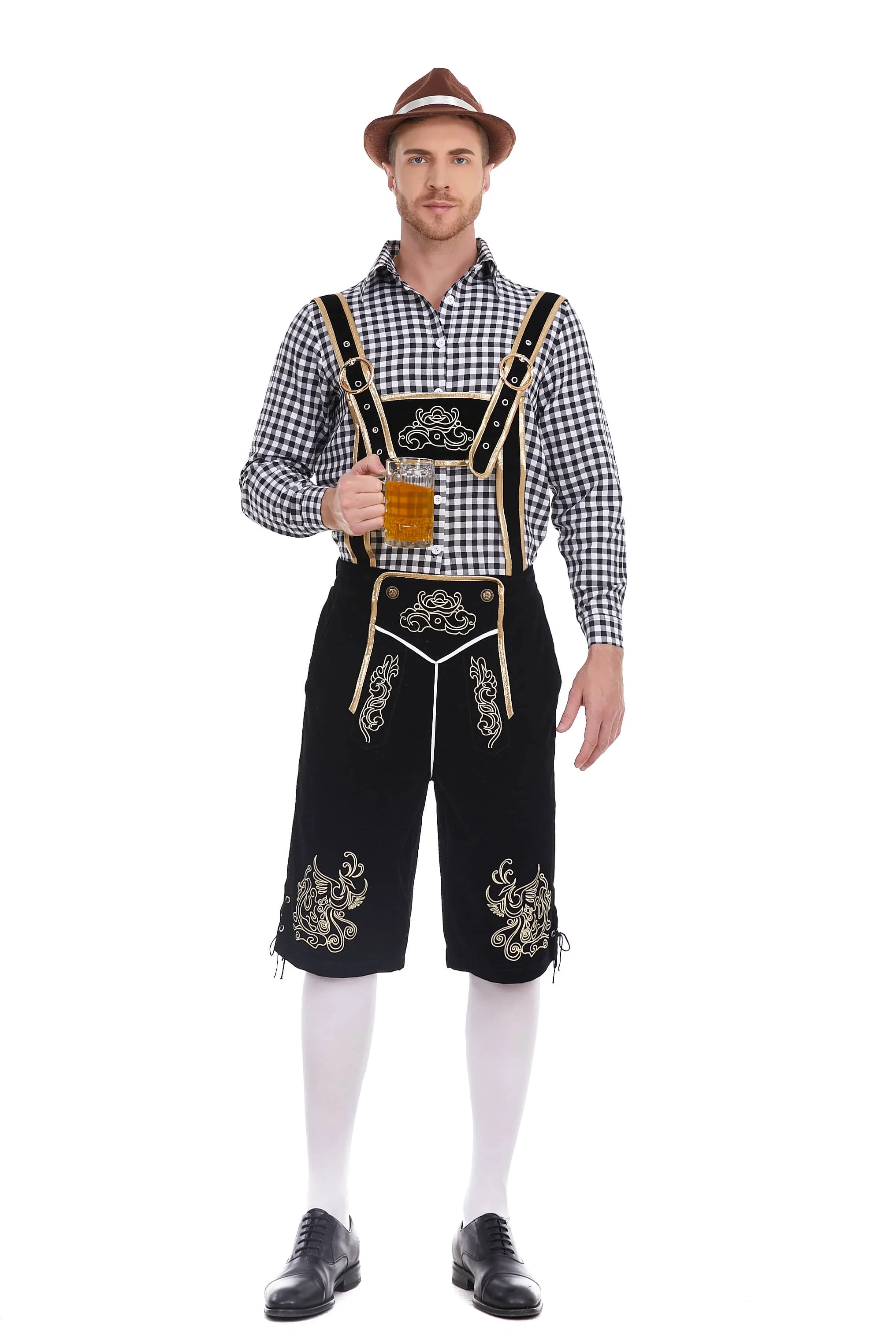 Costume cosplay di Lederhosen di birra da uomo per festa di carnevale dell'Oktoberfest tedesco, tradizione bavarese, pantaloncini con bretelle maschili