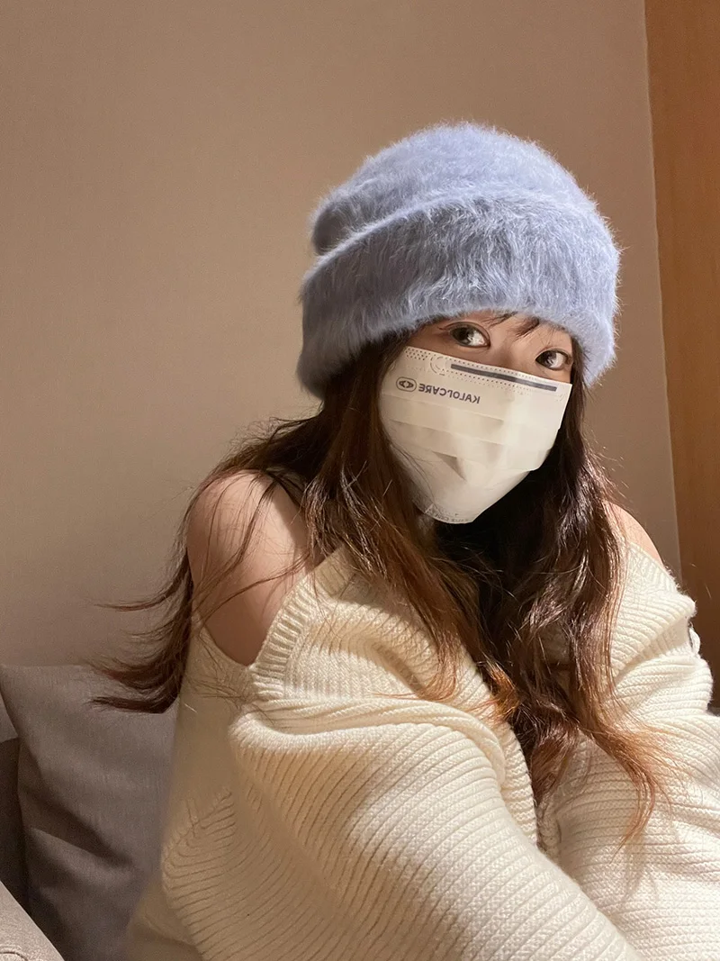 2023 Angora Flauschige Strickmütze Kaninchenfell Wintermütze für Damen Damen Mode Warmer Plüschschädel Damen Dicke Fleecemützen – Detail 9