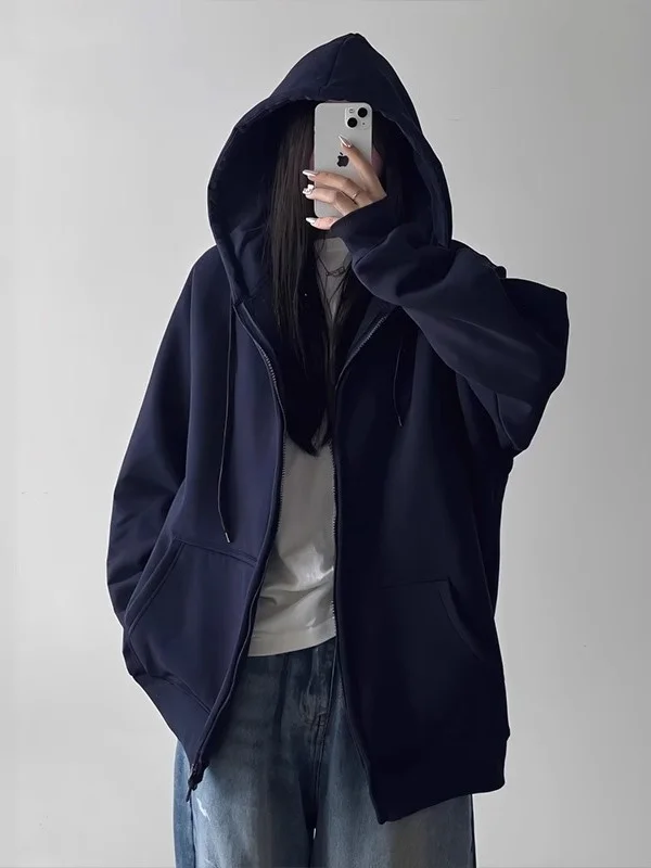 

Loose Fit Hooded Zipper Sweatirt in k Blue with Fce for Women Thin Cardigan Sle Autumn Winter Outerwear Trendy