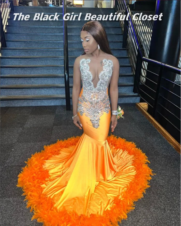 Orange Exquisite Prom Dresses O Neck Sexy Rhinestone Beaded Decoration Party Dresses Black Girls Feather Ruffled Hem Gown Dress