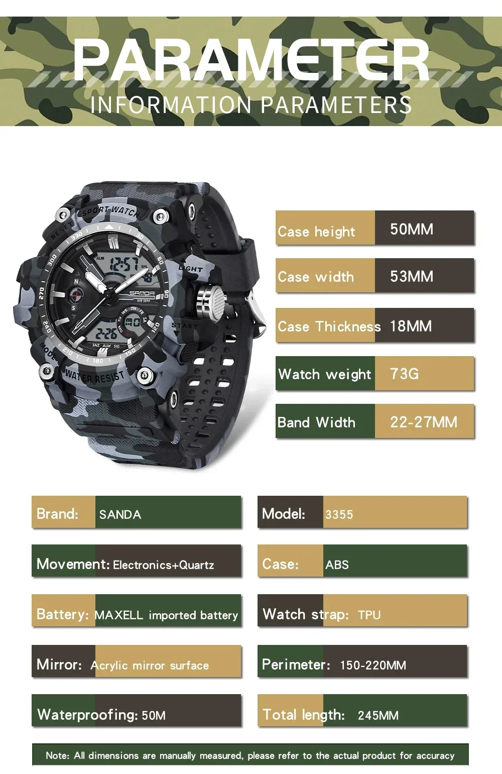 SANDA 3355 Electron Clock Brand Men's Sports Watches G style Military Quartz Watch Waterproof Double Display