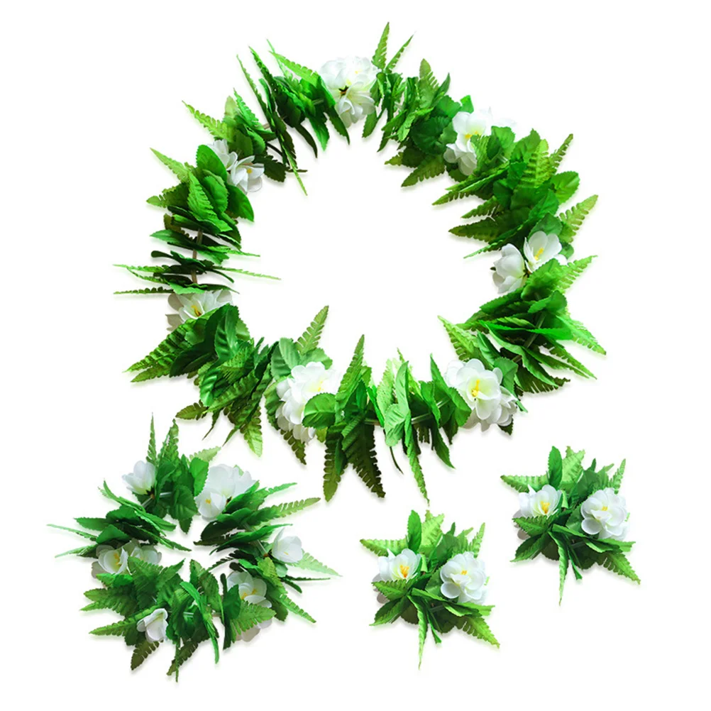 5-teiliges hawaiianisches Partyzubehör-Set, 23,6 Zoll Taille, grüner Grasrock, Hula-Kostüm mit Halskette, Armbändern, Stirnband, Luau
