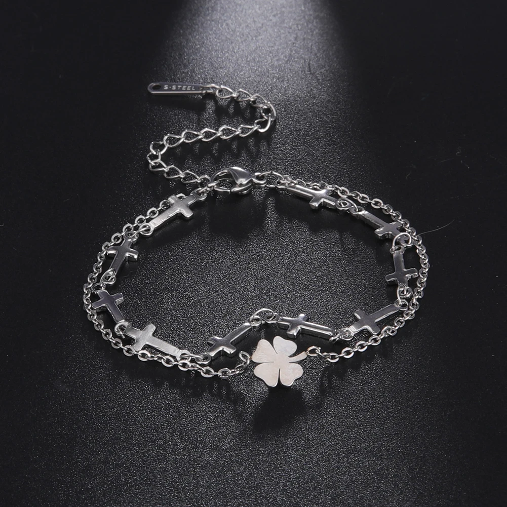 Kkjoy Edelstahl Fußkette für Damen und Herren, silberfarben, vierblättriges Kleeblatt, Fußkettchen, einfache Perlen, Modeschmuck, Accessoires, Neu – Detail 6