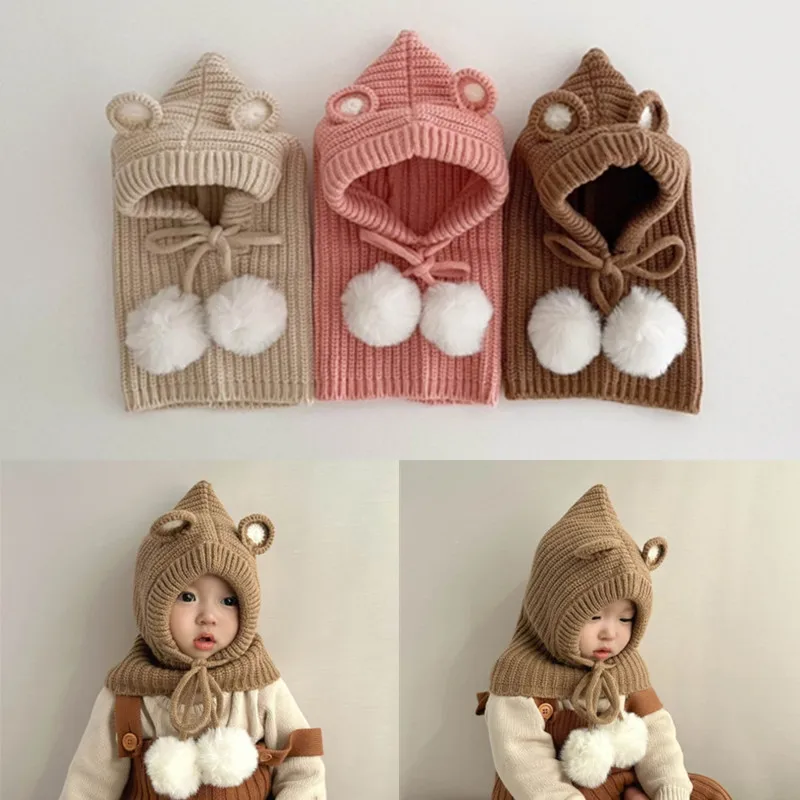 Gorro y bufanda de punto de una pieza para bebé, Bola de felpa de oso de dibujos animados, gorro con cordones para niños, chal para niño y niña, gorro cálido para exteriores de invierno