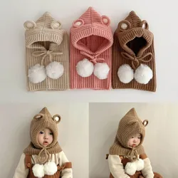 One-piece Knitted Baby Hat and Scarf Cartoon Bear Plush Ball Lace Up Kids Bonnet Shawl for Boy Girl Winter Outdoor Warm Cap