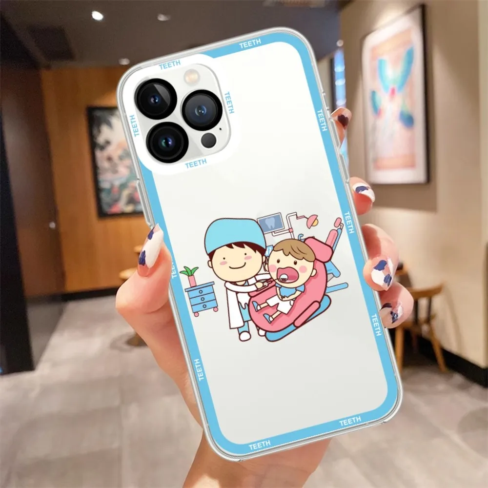 Dentist Teeth cartoon Phone Case For iPhone 11 12 Mini 13 14 15 Pro Max Transparent Shell