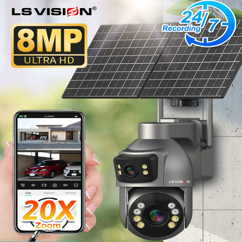

LS VISION AOV Solar Cam8mp 20X ZOOM 20W Solar Panel 360°PTZ Outdoor Security Camera 4G LTE 16000mAh Battery Auto Tracking IP Cam