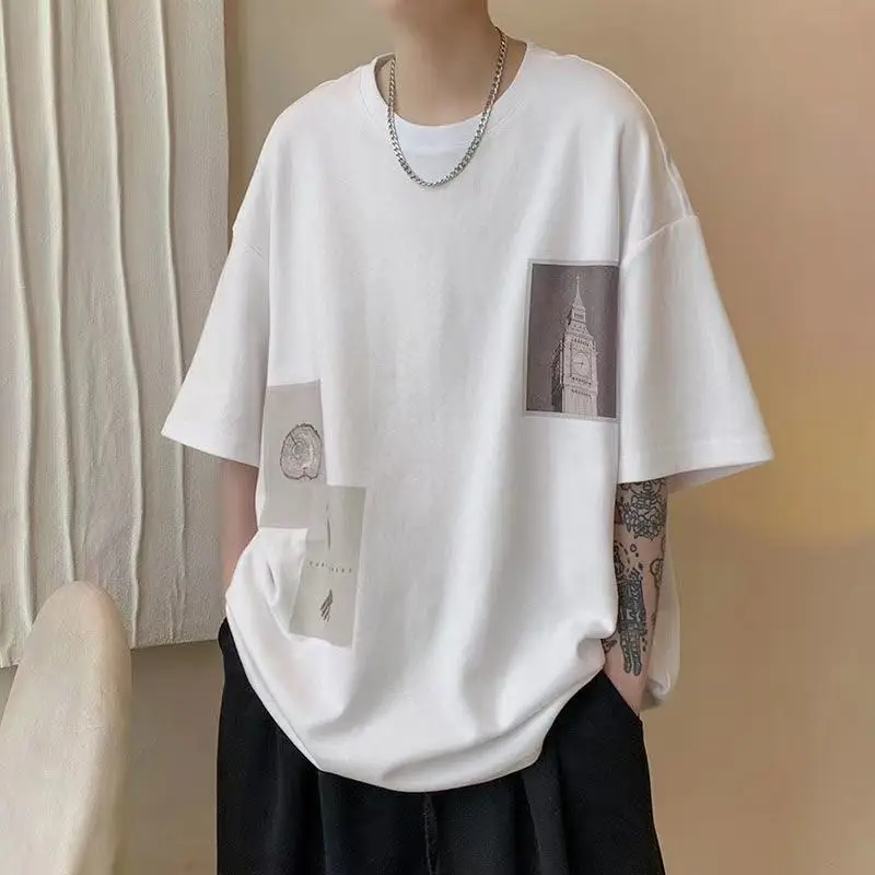 Fashion O-Neck Printed Korean Asymmetrical T-Shirt Men\'s Clothing 2023 Spring New Loose Casual Pullovers All-match Tee Shirt