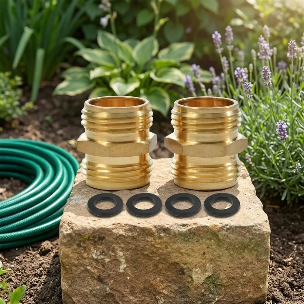 2 Pack Brass Double Male Garden Hose Adapters 3/4 Inch with Washers for Leak Resistant Coupling Between Garden Hoses