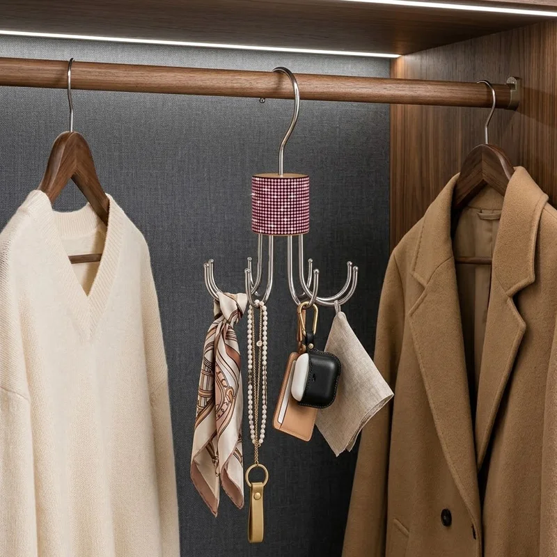 Space‑Saving Rotating Wardrobe Hook Rack Multi‑Hook Foldable Closet Organizer Hanger For Clothes Bags Scarves Underwear Storage