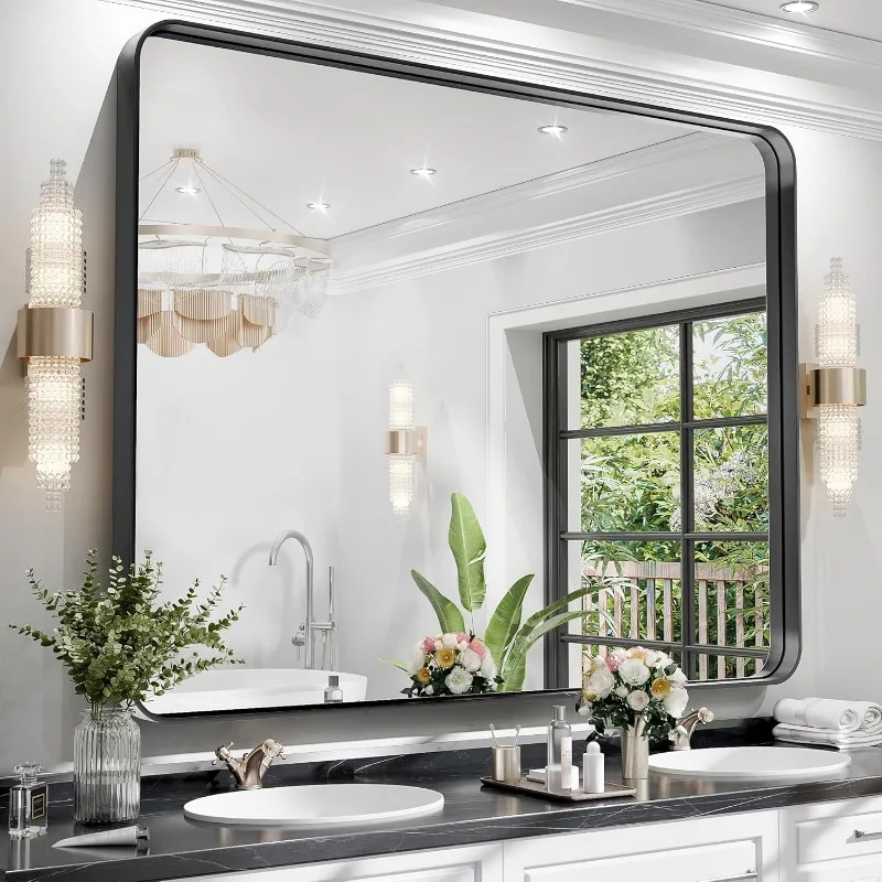 Black Bathroom Mirror 50x40 Inch Rounded Rectangle Vanity Mirror Metal Framed Wall Mirrors Anti-Rust Surface Mount