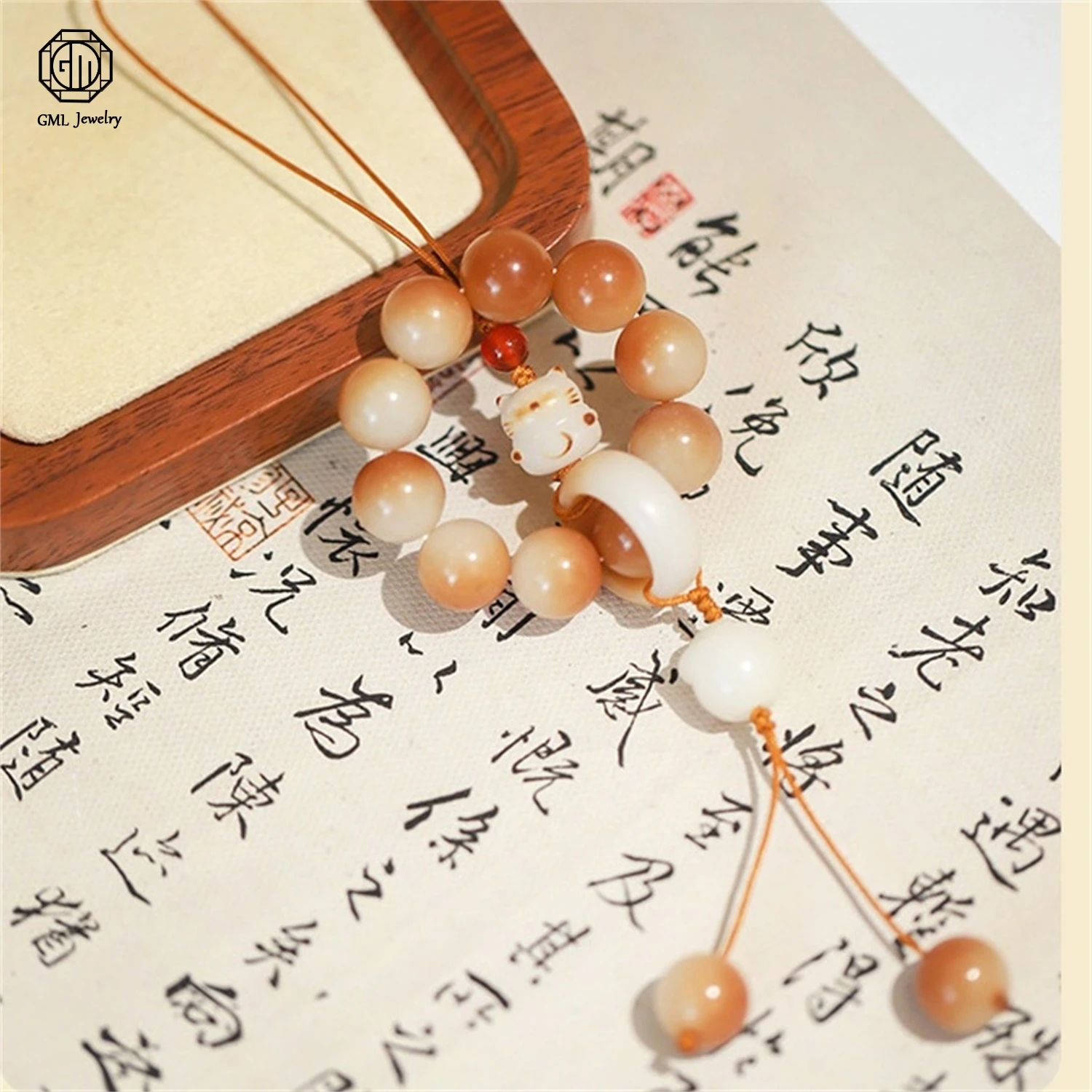 Natural Charred Bodhi Seed Cat Paw Phone Charm Bracelet Hand Spinner Fidget Worry Beads Wrist Mala Ancient Style Hanging Pendant