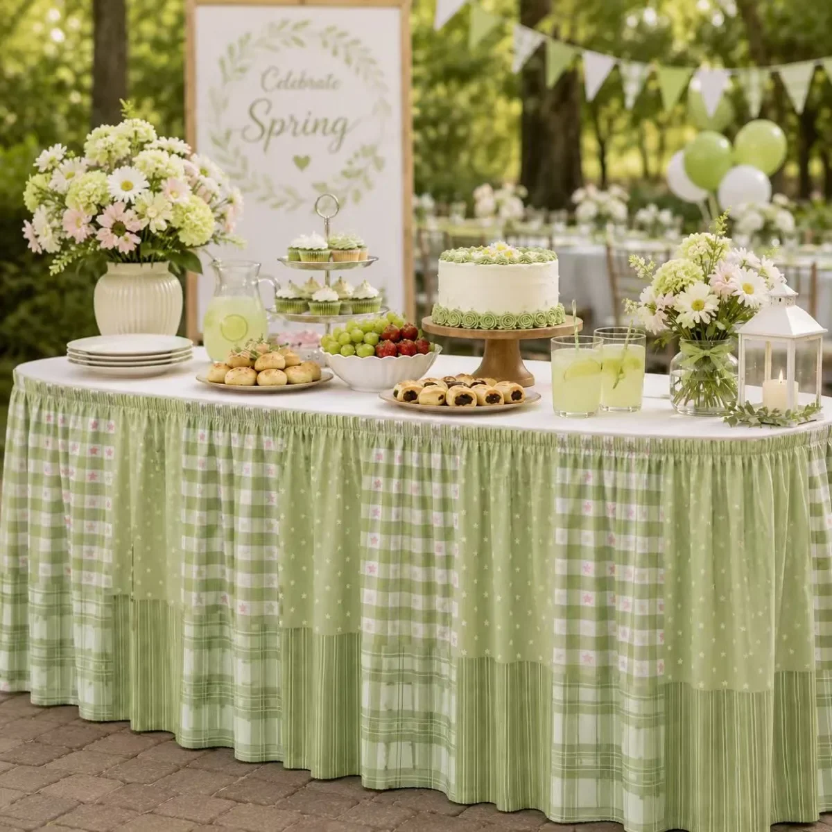 Table skirt: 1 piece. 2D flat printing. Pattern is a combination of green and white checkered and star-shaped stripes.