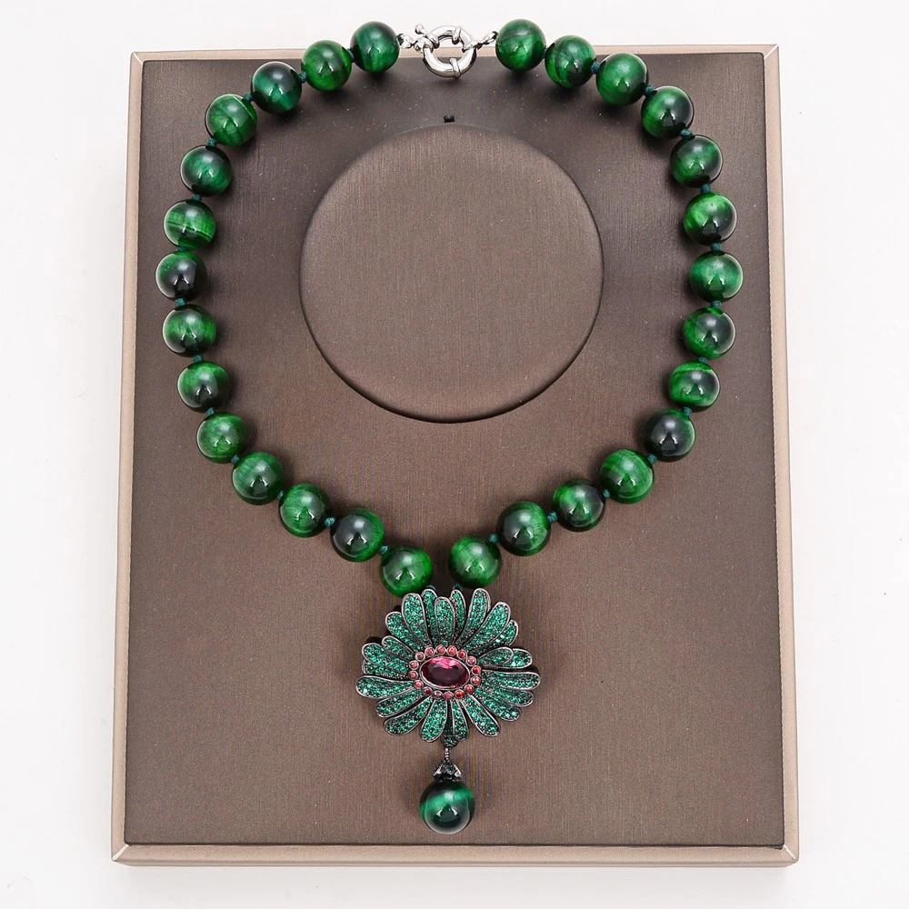 

18" Round Green Tiger Eye Necklace CZ Pave Flower Pendant