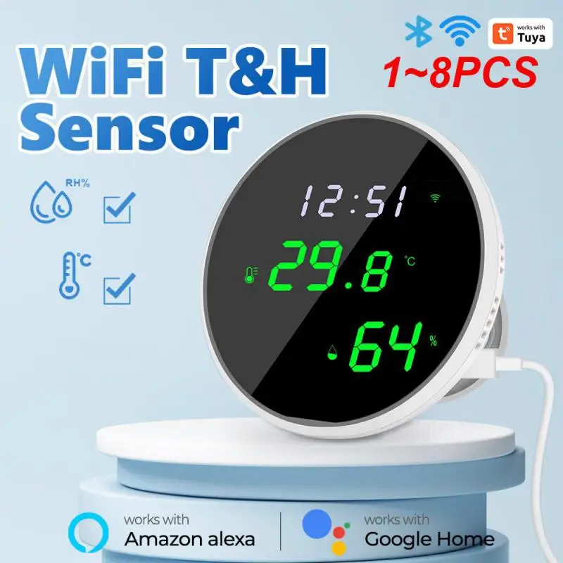 

1~8PCS Tuya Smart WIFI Temperature And Humidity Sensor Indoor Hygrometer Thermometer With Large Backlight LCD Display Support