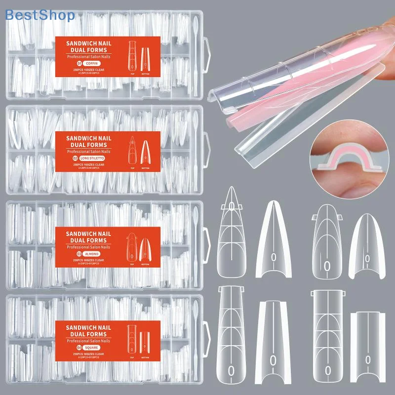 256개 샌드위치 듀얼 네일 모드 네일 연장용 아몬드 코핀 16 사이즈 재사용 가능 탑/바텀 폼 네일 아트 연장 도구