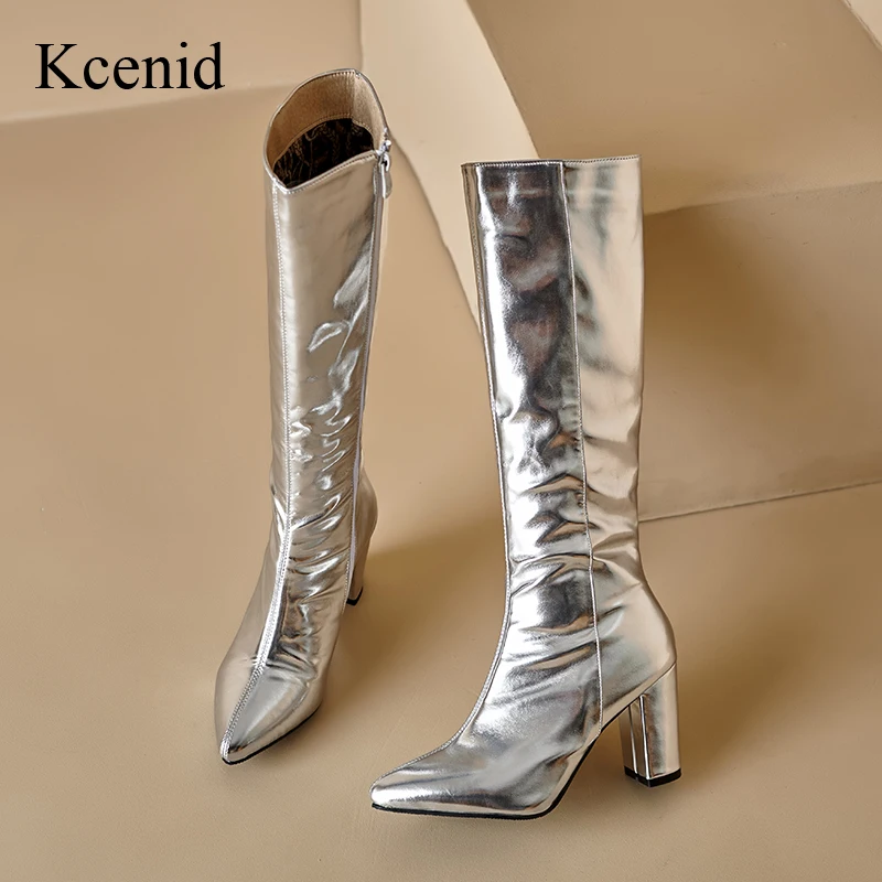 

Kcenid Female Knee High Boots Gold Silver Pointed Toe Chunky Heels Boots For Women Fashion Dating Party Long Bota Woman Shoes