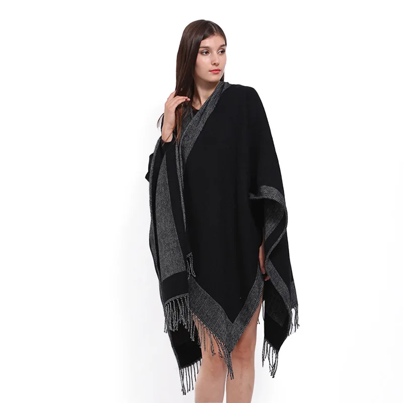 Women Cashmere Feel Shawl Lady Classic Black Cape Spring Autumn Vintage Cardigan Winter Tassels Cloak Two-sided Large Blanket