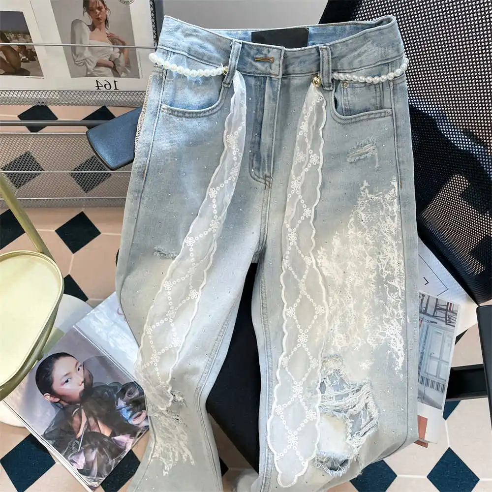 Diamond Ripped Holes Jeans Women High Waist Pearl Beading Belt Wide Leg Denim Pants Female Casual Loose Straight Jeans﻿