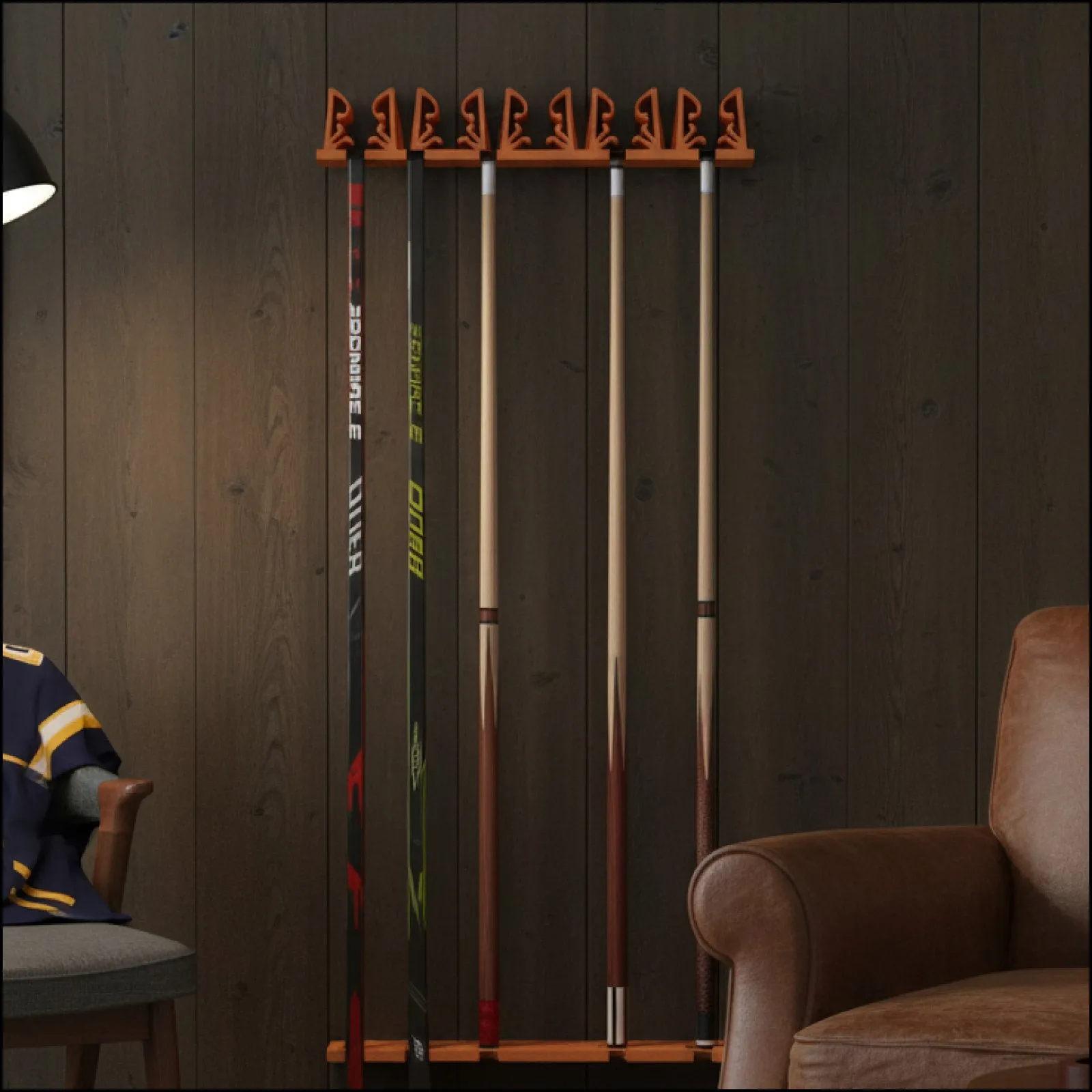 

Wall Mounted Pool Cue Rack with 4 Cue Slots for Billiard Accessories and Stick Organization