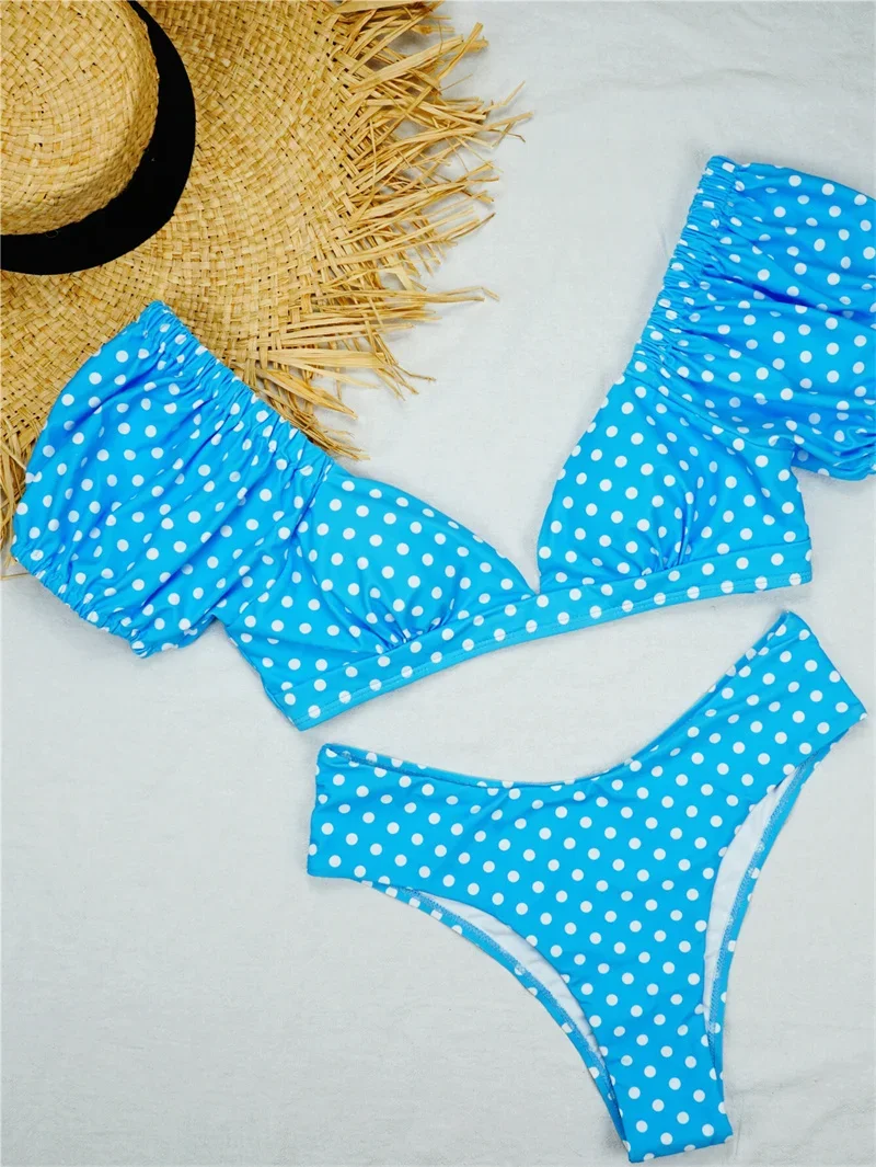 Women Polka Dot Print Bikini Set V-Neck Pleated Bubble Sleeve Separates Swimwear Female Sexy Swimsuit Beach Wear Two Piece Suits