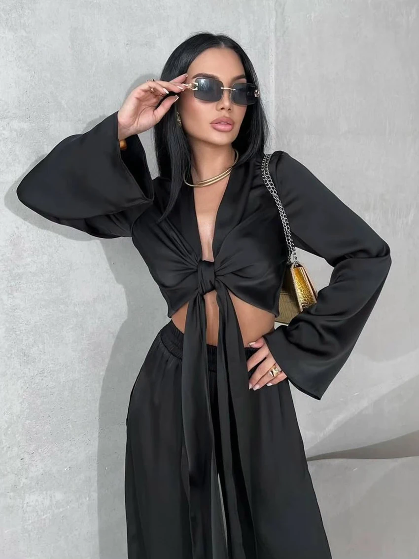 Marthaqiqi Autumn Women'S Pajamas Suit Long Sleeve V-Neck Nightie Tank Top Nightie Lace Up Nightwear Pants Casual Nightgowns Set