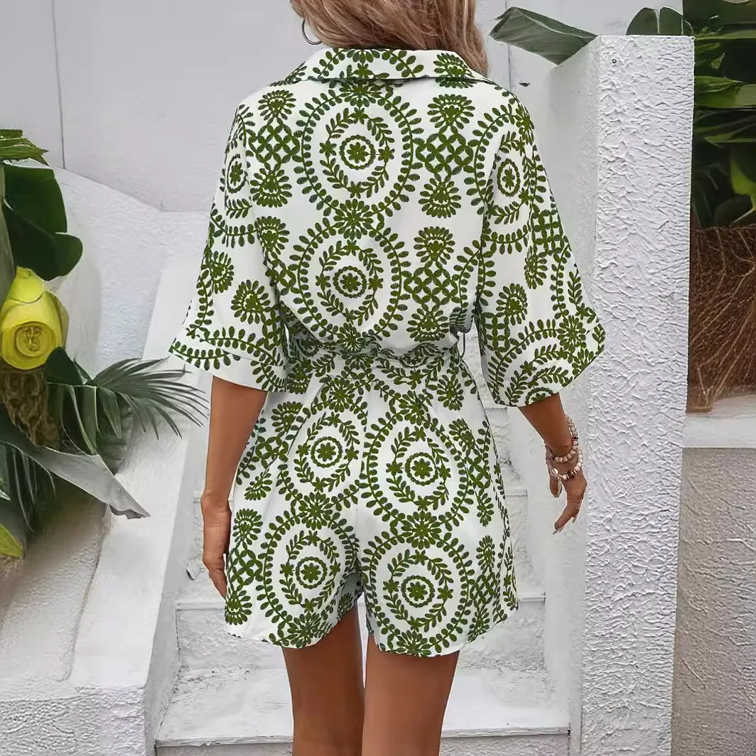 Fashion Printed Chic Jumpsuits Shorts Summer Women V-neck Casual Beach Vacation High Waist Leace-up Bodysuits Fashion Streetwear