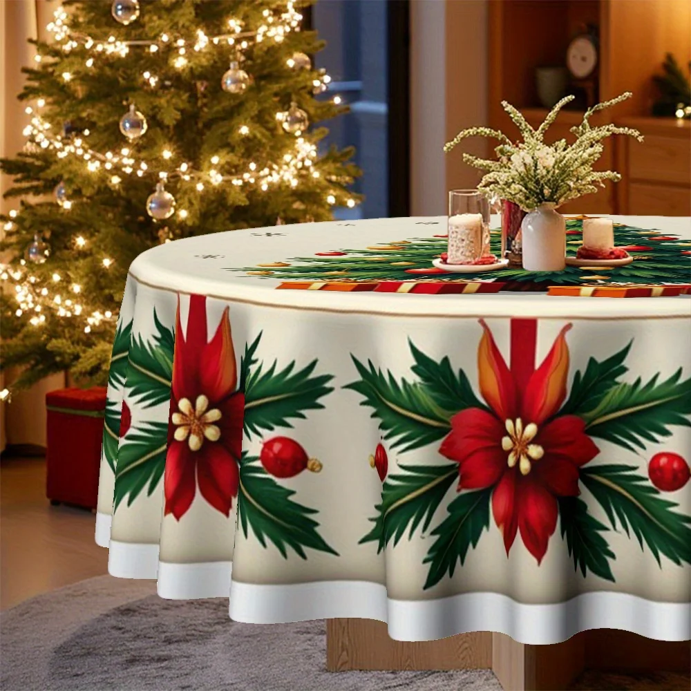 1 Christmas-themed tablecloth with holiday trees and angel flowers