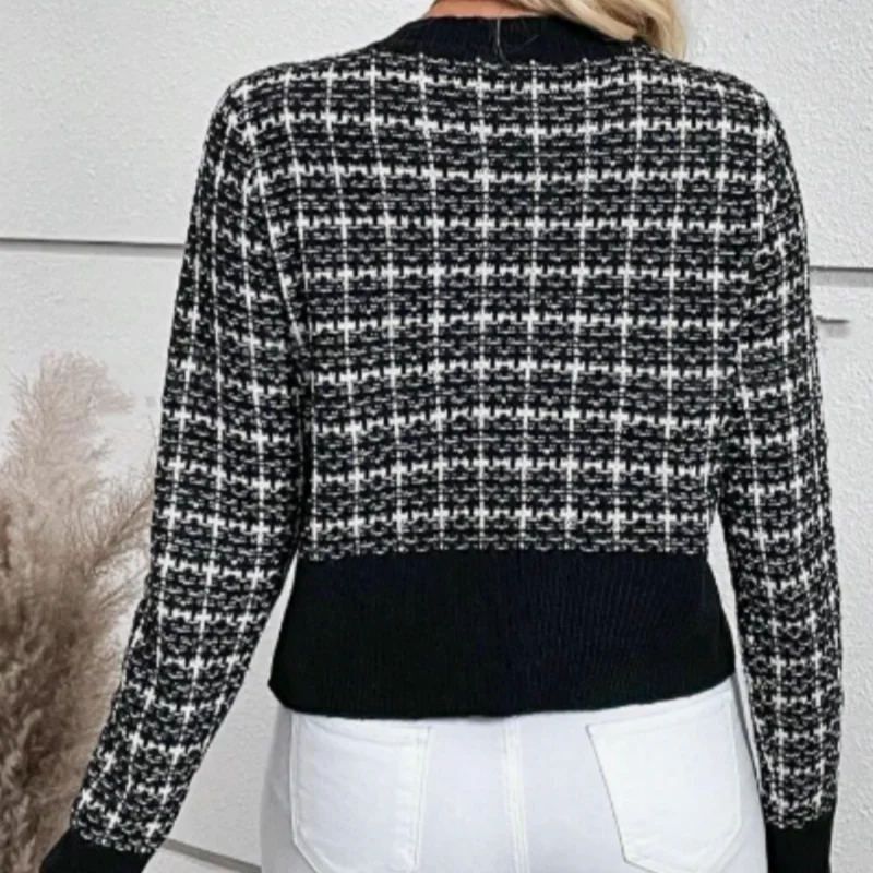 Stylish Women\'s Tweed Knit Cardigan Sweater Black and White Plaid Pattern Button Cardigan Appliqué Long Sleeve Knit Top7310#