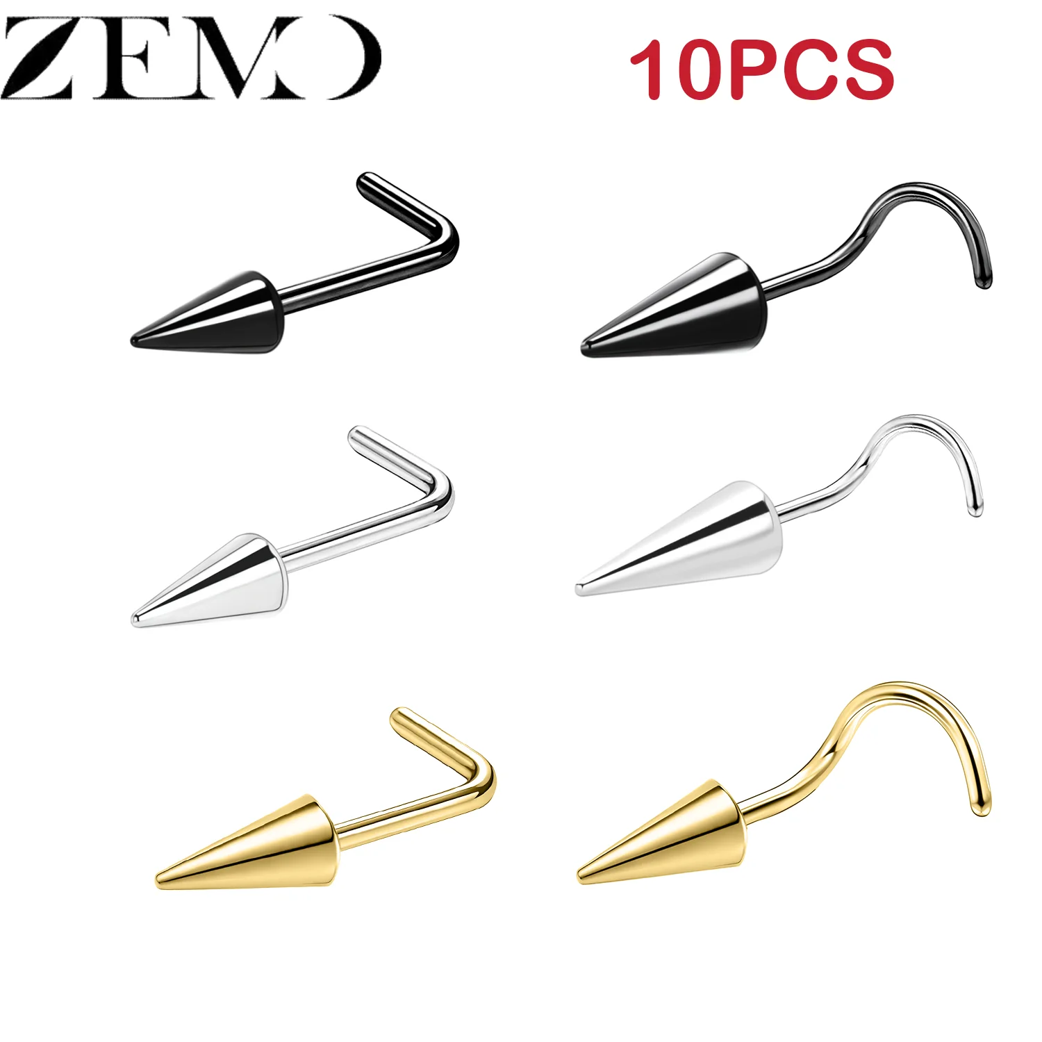 ZEMO Lot de 10 Piercings de Nez en Acier Inoxydable, Forme Longue, Type Pointe, Forme L/S, Anneau de Nez, Conique, Bijoux de Piercing pour Narine et Septum, 6/8/10MM
