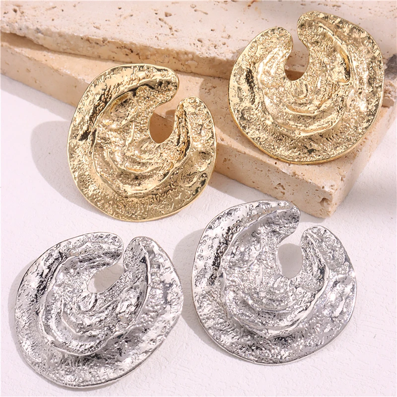 HUANZHI New Circular Alloy Large Earrings for Women Chunky Metal Irregular Exaggerated Vintage Fashion Jewelry Gifts 2024