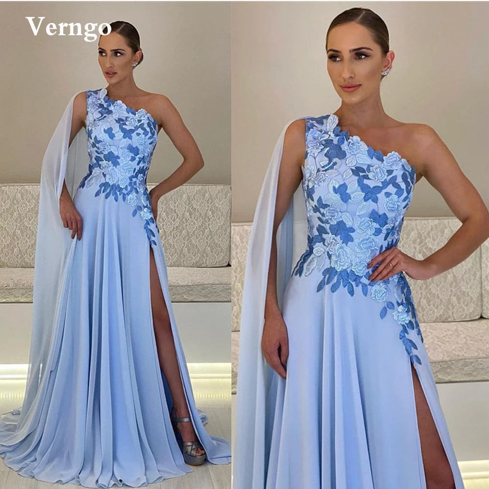 Verngo elegante azul chiffon longo cabo vestidos de noite um ombro applique side slit árabe feminino formal festa formatura vestidos