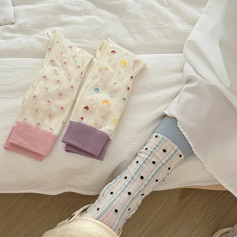 Multicolor Polka Dot Socks For Women Summer Thin Hollow Out Meah Breathable Long Socks Japanese Kawaii Girls Ruffle Socks