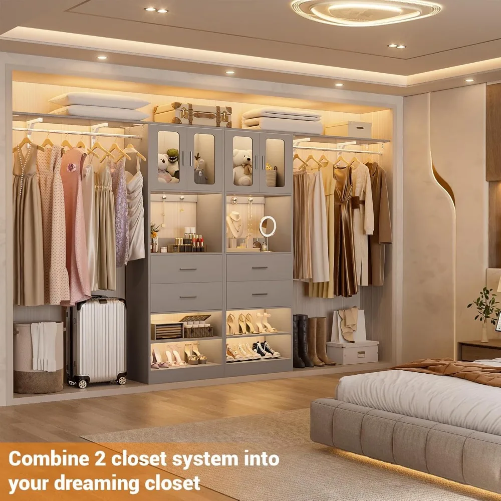 Closet Organizer System Tower with Big Wing Shelf, 60 Inch Reversible Walk in Wardrobe System with Hanging Rods, Drawers, Door