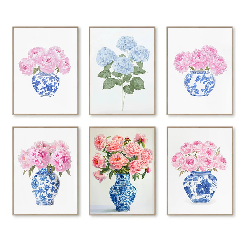 Chinoiserie Vase Watercolor Flower Posters and Prints Canvas Printing Vintage Wall Art Picture for Living Room Home Decoration