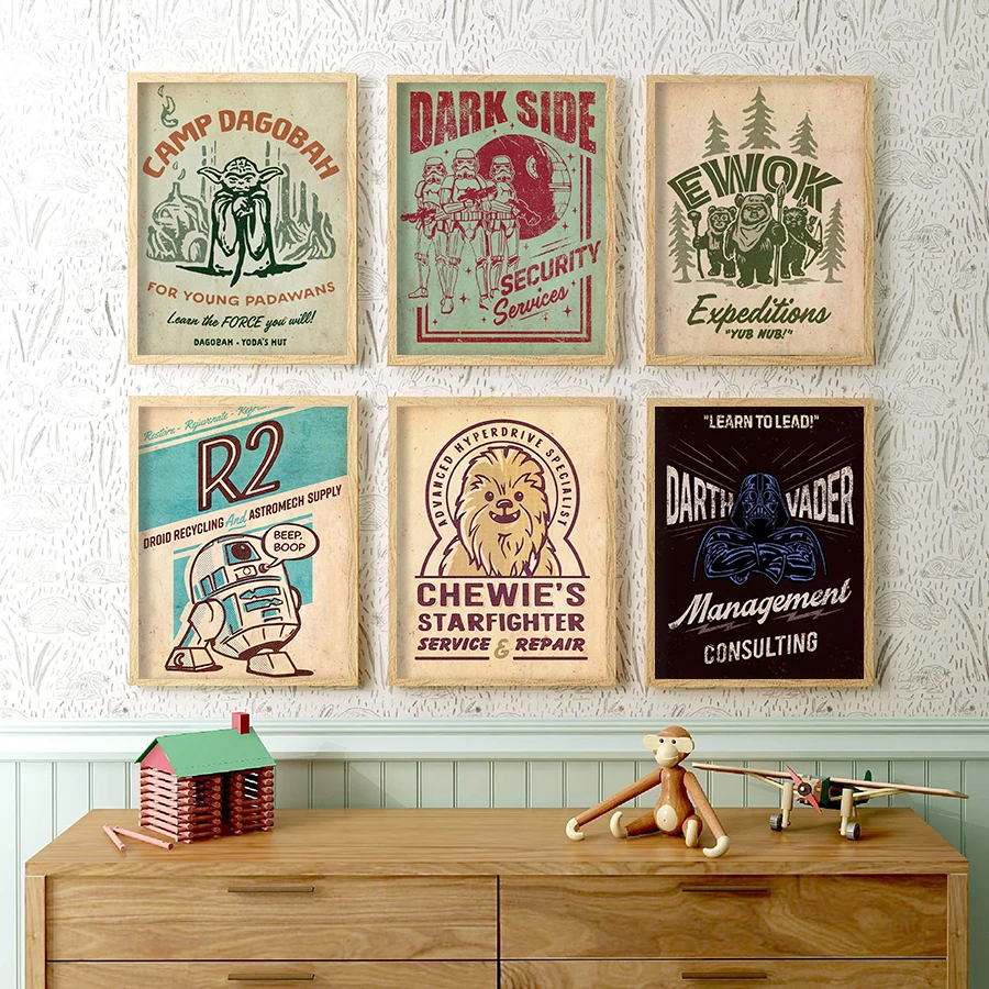 Pósteres de Productos Vintage de la Guerra de las Galaxias, Impresiones de Arte Retro, Pintura en Lienzo de Yoda, Vader, R2-D2 y Chewbacca, Decoración de Pared para Cuartos de Hombre, Regalo para Fans