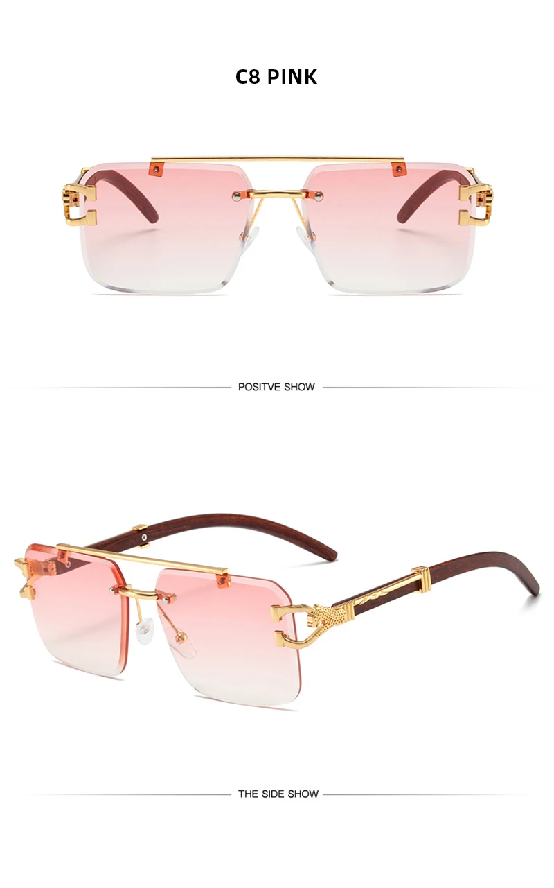 Trend Double Beam Große Sonnenbrille Männer Frauen Randlose Schnittkante Quadratische Sonnenbrille Mode Leopard Holzmaserung Shades – Detail 16