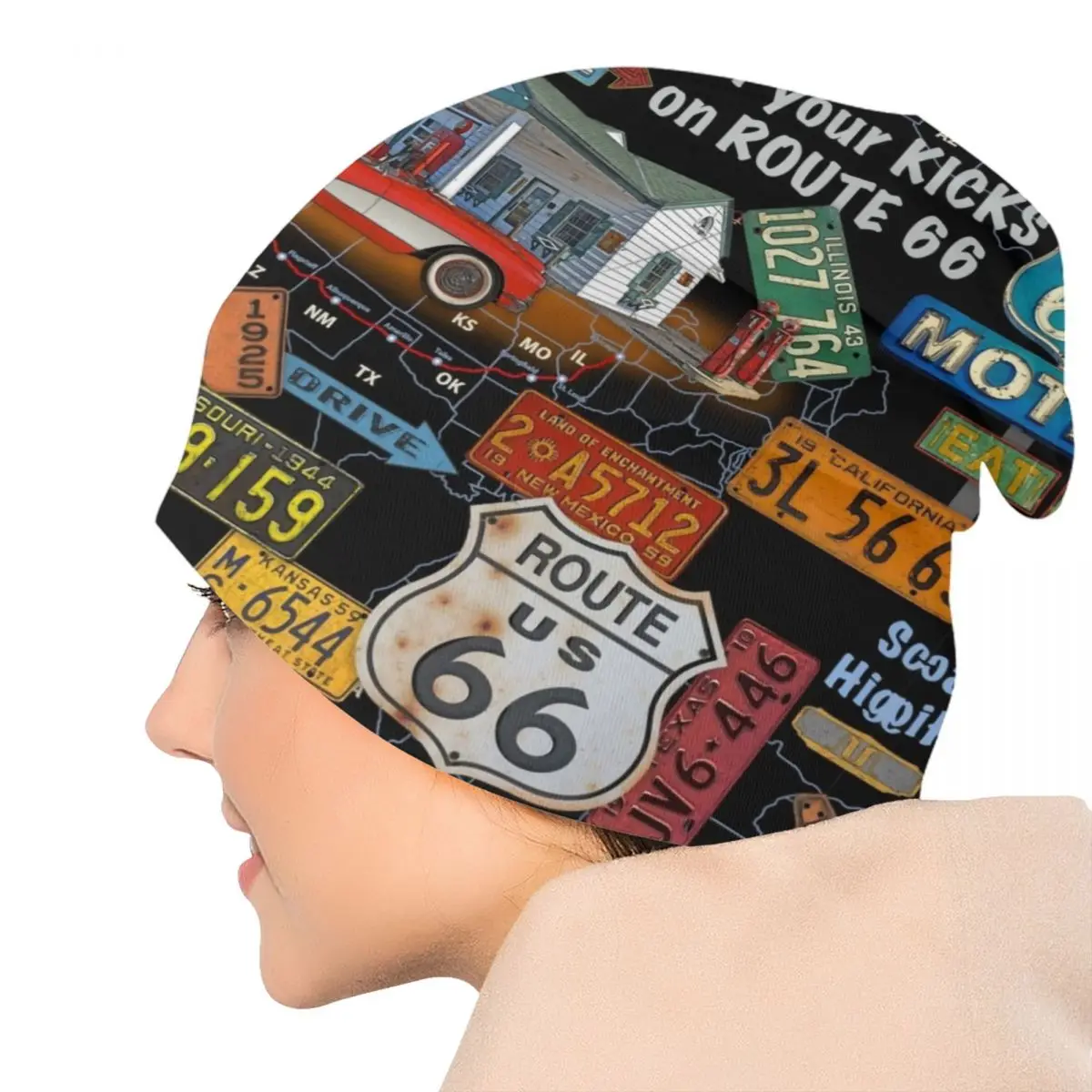 Vintage America Road Route 66 Skullies Beanies Caps Cool Winter Warm Women Men Knit Hat Unisex Adult Bonnet Hats