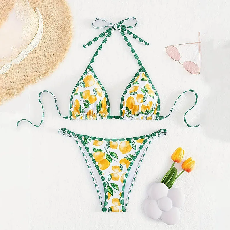 

2025 New Women's Bikini Set Yellow Lemon Beach Style Print 2-piece Swimsuit Low Waist Thong Sexy Suspender Backless Swimwear