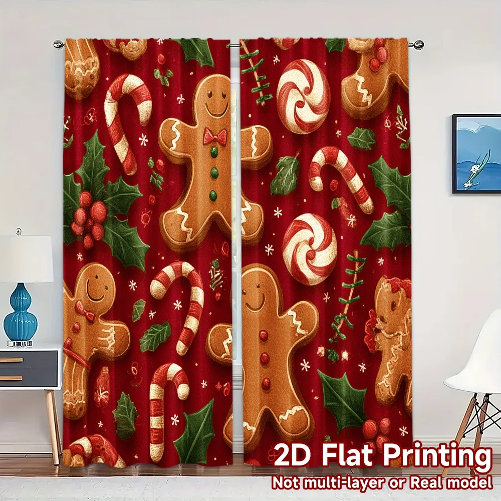 2D Flat Printing,JIT 2pcs, Curtains (Without Rod) Gingerbread Cheer Fashionable Modern Curtains Prints Light Filtering Curtains