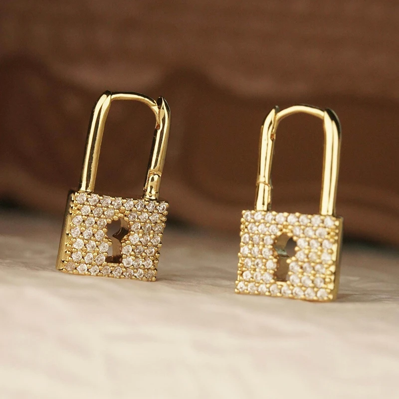 Huitan Noble Lock Hoop Earrings with Sparkling CZ Luxury Hollow Ear Accessories for Women Bright Fashion Stylish Party Jewelry