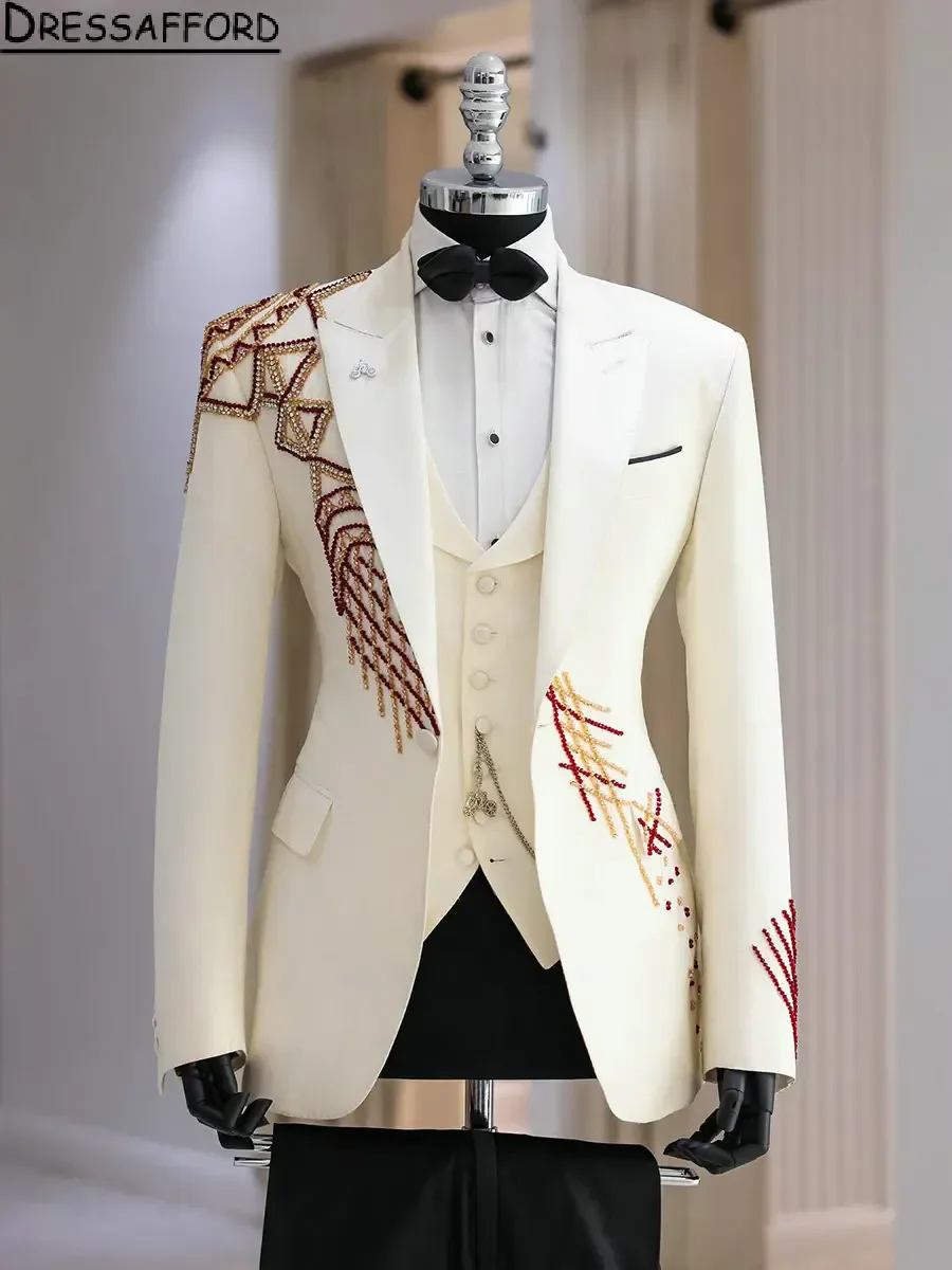 White 2 Piece Blazer Pants Pearls Beading Men Suits Formal Prom Wedding Groom